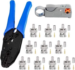 Crimpzange, BNC + Abisolierer für Koaxialkabel + 10 BNC-Crimpverbinder, für RG58, zum Entfernen von Koaxialkabeln
