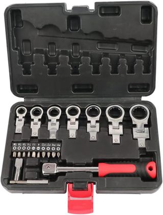 27-teiliger Ringmaulschlüssel-Set mit Ratschen-Flexkopf, Wechselbits für Inbus 6-20 mm & Torx im praktischen Werkzeugkoffer
