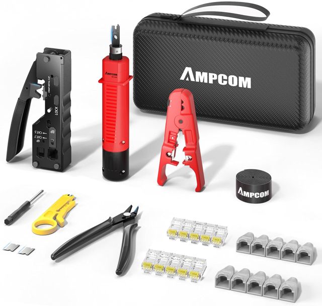 AMPCOM Ethernet Crimper Kit 9-in-1 Pass Through RJ45/RJ11 Netzwerk-Werkzeugsatz Kit für STP Cat7/6A UTP Cat6/5E/5 RJ45 Stecker mit 110 Punch Down Tool Wire Stripper in tragbarer wasserdichter Tasche