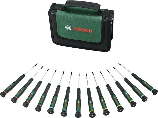 Bosch Präzisionsschraubendreher-Set 13-teilig (Präzise Schraubendreher für Heimwerken und Modellbau; S2-Stahl; Magnetische Spitzen; PH/SL/TX/HEX; Farbcodierte Größen; Softgrip)