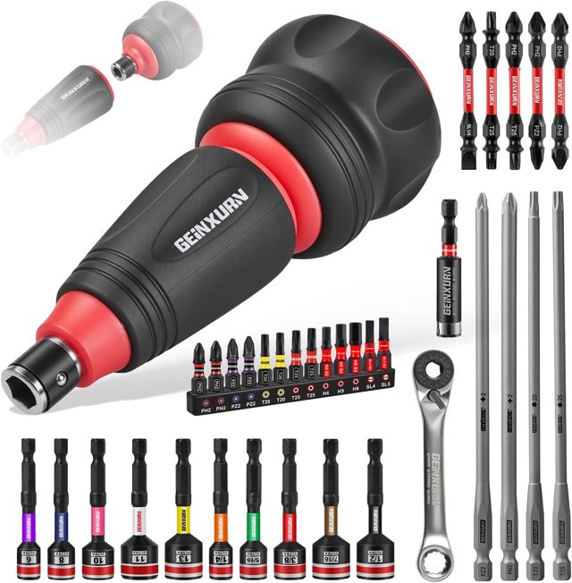 GEINXURN 35tlg. Stubby Ratschen-Schraubendreher-Set, 2-in-1 Stummelschrauber, Magnet Sechskant Stecknuss, Doppelende Mini-Ratsche, Magnetische Multibits (PH/PZ/Torx/Hex) und Bithalter für Reparatur