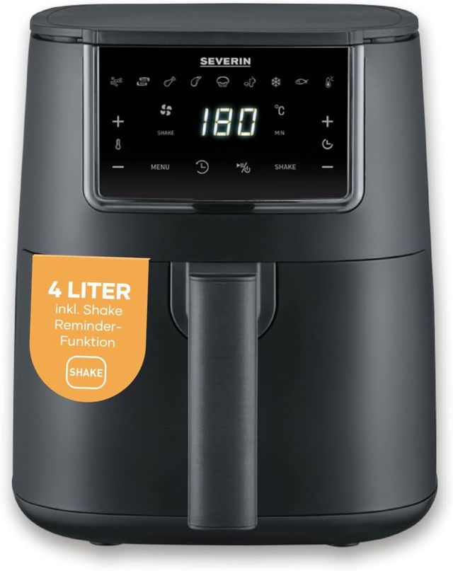 Severin Heißluftfritteuse, Single, Fritteuse für Kochen ohne Fett, Touch-Display, 8 Automatik-Programme, vielseitige Zubereitung, Warmhaltefunktion, 4L, 1300W, schwarz, FryLight, FR 2461