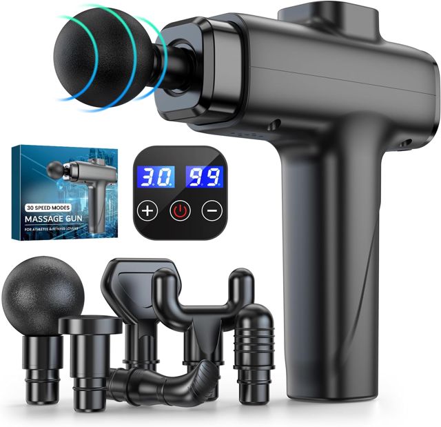 Massagepistole Massage Gun, Deep Tissue Muskel Massagegerät mit 30 Geschwindigkeiten und 6 Massageköpfen, Elektrische Handmassagegeräte Faszienpistole für Nacken Schulter Rücken Tiefen
