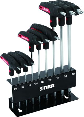STIER T-Griff-Schraubendreher-Satz Torx, TX10 - TX50, 9-teilig, aus hochwertigem Chrom-Vanadium-Stahl, im Metall-Halter