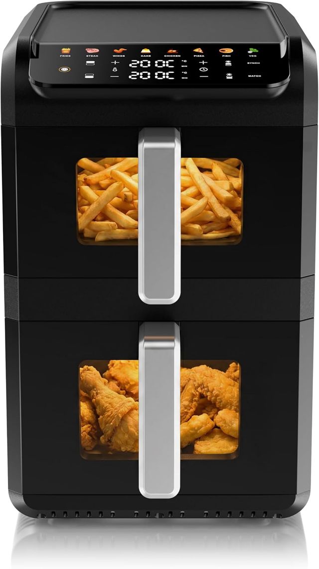 Arendo – Heißluftfritteuse XXL Dual Zone - 2 Kammern – Airfryer Doppelstock – mit Fenster – 2700 W – 10 Liter – bis 200°C – LED-Display – Sync- und Match-Funktion – Sichtfensterbeleuchtung