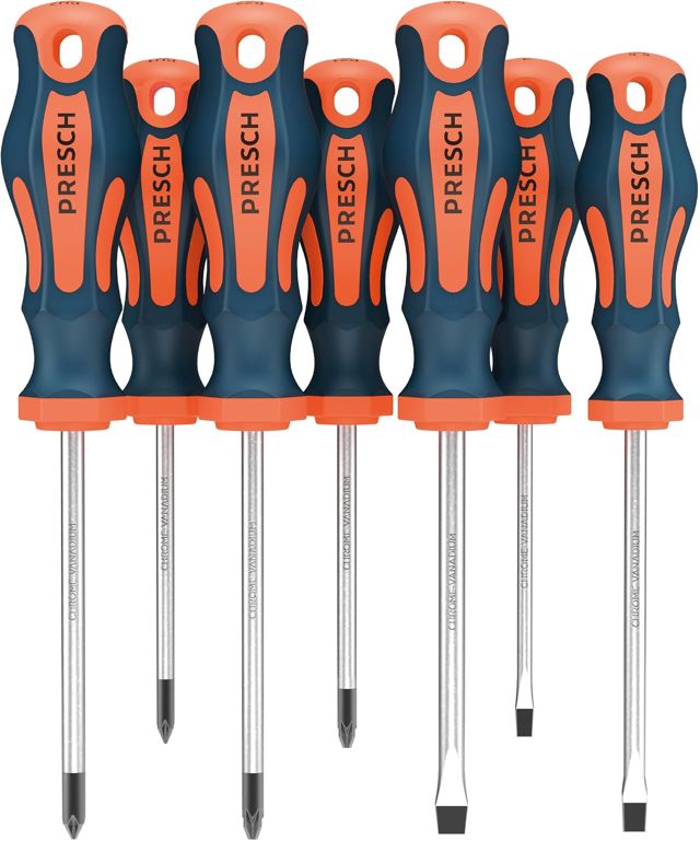 Presch Profi Schraubendreher Set 7tlg - Magnetischer Schraubenzieher Satz mit Schlitz und Kreuzschlitz PH, PZ, SL - Hochwertiger, mit gehärteten Spitzen