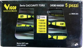 5 TORX Schraubendreher im Set, Chrom-Vanadium mit gelb/schwarzem Soft grip Griff, TÜV/GS