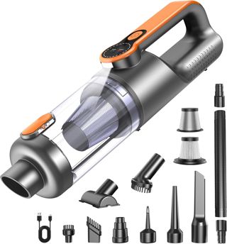 Handstaubsauger, 26000 Pa 4-in-1 Auto Staubsauger Stark, One-Touch Staubentleerung, Bürstenloser Motor, HD Display und LED Beleuchtung, Akku Staubsauger Kabellos für Zuhause/Büro/Auto, Orange