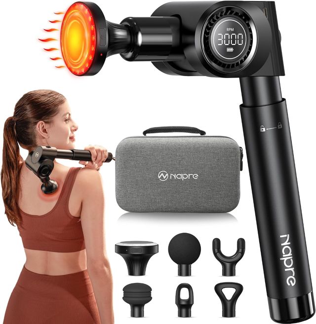 Massagepistole mit Wärmefunktion und Rotlichttherapie,Napre Massage Gun Massage Pistole mit Verlängerung,Muskel Percussion Massagegerät für Schulter Körper Rücken Entspannung,32 Geschwindigkeiten