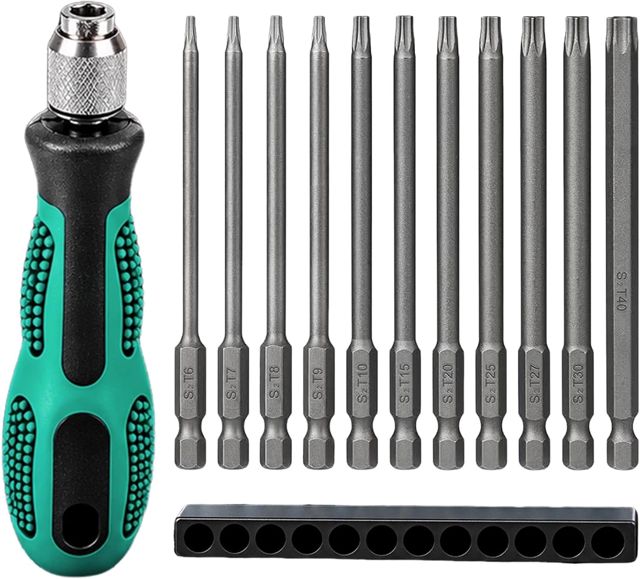 12 Stück Torx Schraubendreher Set 1/4" Magnetisch Sternenkopf Schraubenziehe Set, T6 - T40 100mm Lang Sechskant Schaft Elektrische Torx Bits Satz Werkzeuge, Bit Set Lang aus S2 Stahl