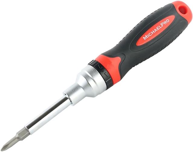 MichaelPro MP002025 7-in-1 Ratschen-Schraubendreher & Steckschlüssel, Multi-Bit, gepolsterter Griff, Schwarz/Rot