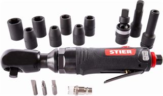 STIER Ratschenschrauber-Satz 33-1, 14 teilig Set, 1/2 Zoll Antrieb, Kraft-Steckschlüsseleinsatz 1/2 Zoll, Stecknippel 1/4 Zoll, Umschaltfunktion am Kopf