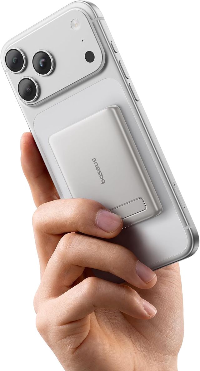 Baseus Mini MagSafe Powerbank 5000mAh Qi2-zertifiziertes mit Klappbarer Ständer, PD 20W Magnetische Power Bank USB C Wireless Powerbank Kompatibel mit iPhone 17/16/15/14/13/12/Pro Max Serie, Titan