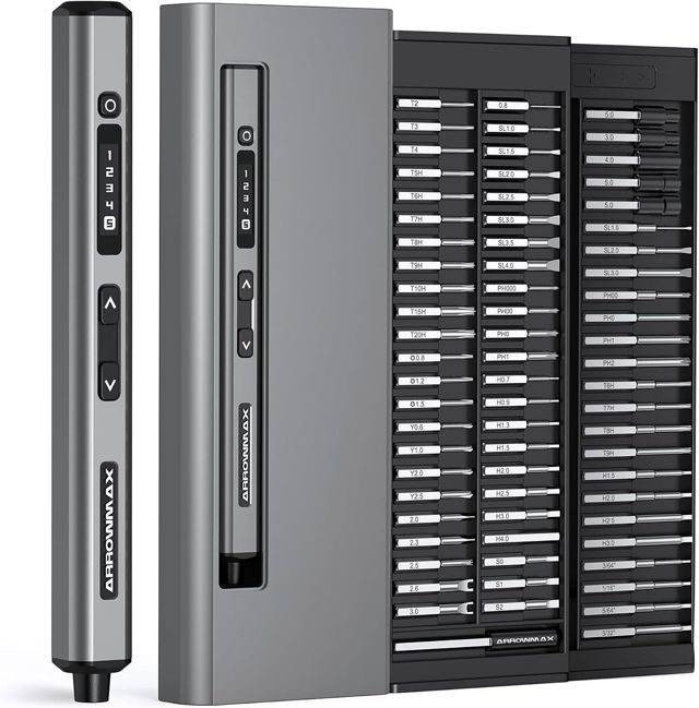 ARROWMAX Elektrischer Schraubendreher Set, 70-in-1 Feinmechanik Werkzeug, 5 Drehmomentstufen, 280 U/min, OLED-Display & 4 LEDs, Mini Akkuschrauber für PC, Laptop, Handy, Uhr & Drohne, SES ULTRA